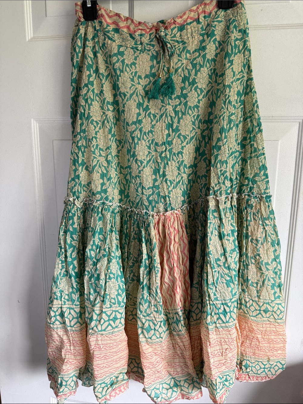 Green Floral Tiered Maxi Skirt with Pink Accent